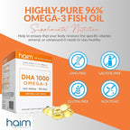HAIM DHA 1000 Omega-3 Fish Oil - 90% Purity with 1000mg DHA, 50mg DPA - High Potency Fish Oil Supplement for Brain, Eye & Heart Support - Promotes Overall Wellness & Focus - 1 Box, 60 Softgels