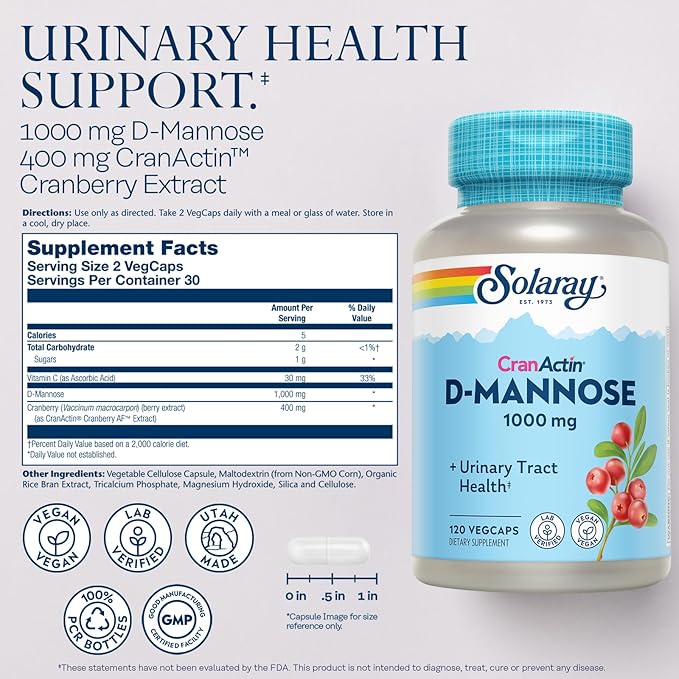 SOLARAY D-Mannose 1000mg with CranActin Cranberry Supplement 400mg, Urinary Tract Health & Bladder Support Capsules with Vitamin C, Vegan, 60 Day Guarantee, 60 Servings, 120 VegCaps (120 CT)