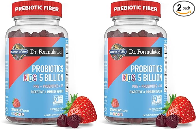Garden of Life Dr Formulated 5 Billion CFU Prebiotic Fiber, Probiotic and Vitamin D3 for Kids Digestive & Immune Health – Gluten Free,Non GMO,No Added Sugars, Strawberry Flavor,60 Gummies,(Pack of 2)