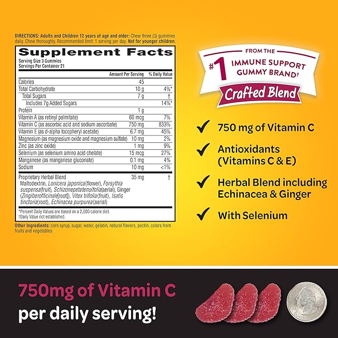 Airborne 750mg Vitamin C Gummies For Adults, Immune Support Supplement with Powerful Antioxidants Vitamins A C & E - 63 Gummies, Blueberry Pomegranate Flavor