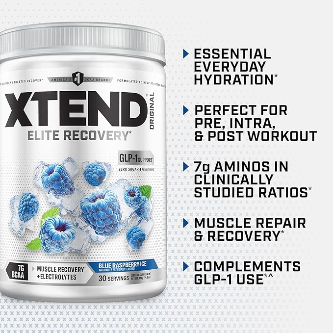 Xtend Original BCAA Powder, 7g BCAAs and 2.5g L-Glutamine for Muscle Recovery Hydration and Lean Muscle, Sugar Free Intra and Post Workout Drink with Electrolytes, Blue Raspberry Ice, 30 Servings