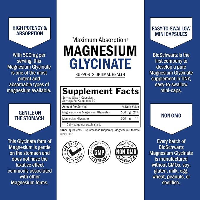 BioSchwartz Magnesium Glycinate 500mg Capsules (240 Mini Caps) Maximum Absorption Magnesium Supplement for Healthy Nerves Muscles Heart Mood and Sleep Support (Vegan, Gluten-Free, Non-GMO)