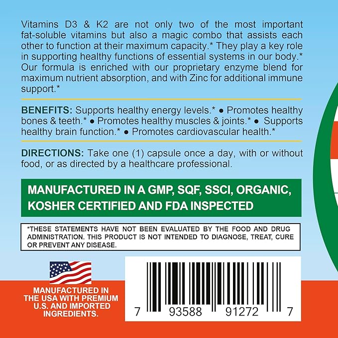Life Infused Vitamin D3 + K2 Supplement with Zinc & Enzymes — 3000 IU D3, MK-7 K2, Immune & Bone Support, Enhanced Absorption, Non-GMO Vegan Capsules, 90 Count