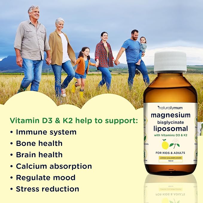 Magnesium Liposomal | with Vitamins D3 & K2 | Magnesium Bisglycinate | for Children & Adults | Highly Absorbable Liquid Supplement | Lemon & Elderflower Flavour | 30-Day Supply | 5 fl oz