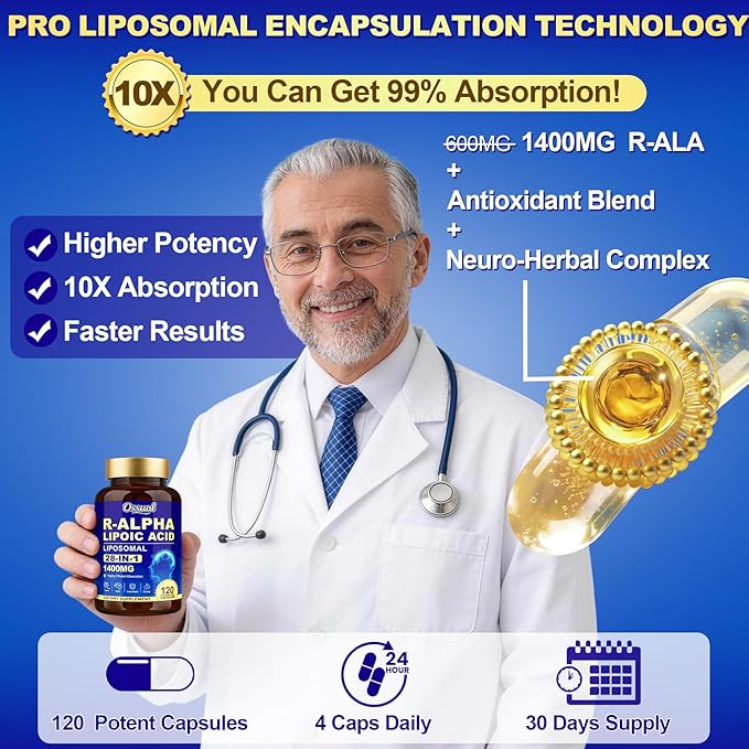 1400MG R Alpha Lipoic Acid, 28-in-1 Stabilized ALA Supplements, Neuropathy Supplements with L-Carnitine, NAC & B-Complex, R-ALA Supplement Antioxidant for Nerve, Brain, Energy丨Vegan, 120 Capsules