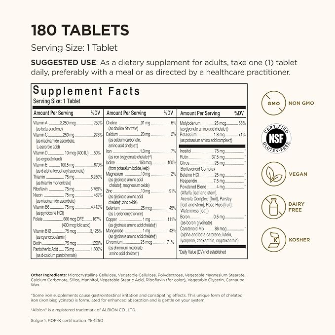 Solgar Formula VM-75, 180 Tablets - Multivitamin with Chelated Minerals - Vitamin A, B6, B12, C, D, E - Biotin, Magnesium, Calcium, Iron, Zinc - Vegan, Gluten Free, Dairy Free, Kosher - 180 Servings