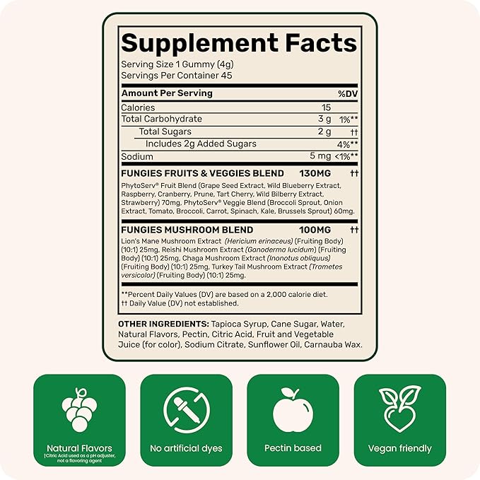 Fungies Lion's Mane Mushroom Gummies with Fruits & Veggies Superfood Blend, Juicy Grape Flavor - Mushroom Herbal Supplement Gummy for Adults & Children - Brain Health & Daily Wellness - 45 Servings