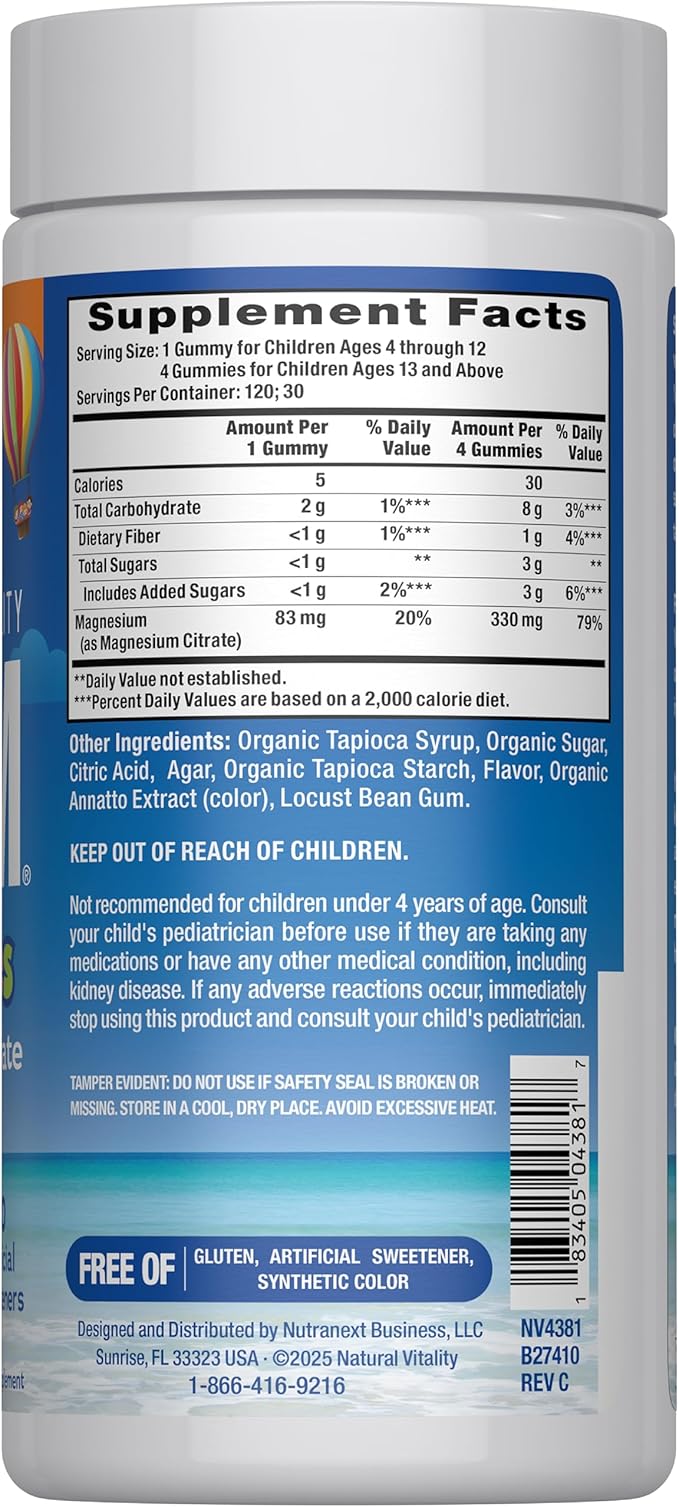 Natural Vitality Calm, Magnesium Citrate Kids Supplement, Stress Relief Gummies, Supports a Healthy Response to Stress, Gluten Free, Vegan, Sweet Citrus, 120 Gummies