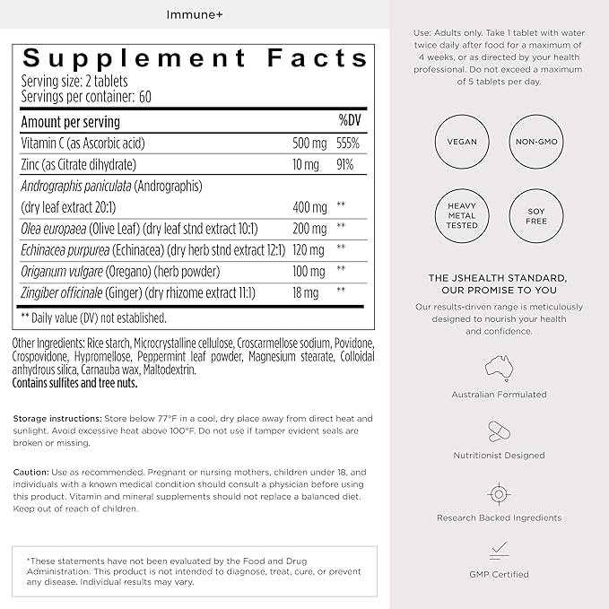 JSHealth Vitamins Immune + Immunity Booster Supplement with Zinc Vitamin C Echinacea and Olive Leaf Antioxidants (60 Tablets)
