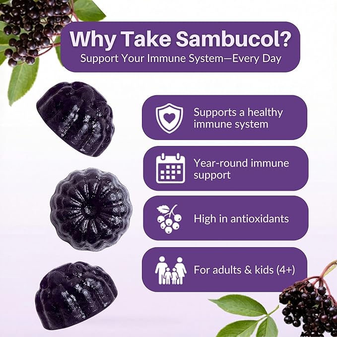 Sambucol Elderberry Gummies - Immune Support Supplement for Adults & Kids with Vitamin C & Zinc, Sambucol Elderberry are High in Antioxidants, Gluten Free, Vegan - 90 Count