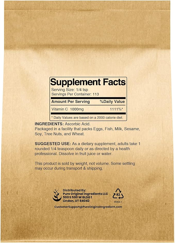 PURE ORIGINAL INGREDIENTS Vitamin C Powder (4 oz) Ascorbic Acid, Non GMO, Dietary Supplement