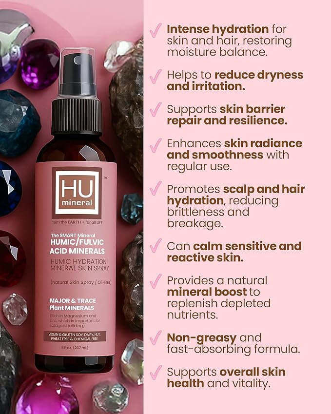 2X Humic Hydration Mineral Spray – Organic Humic Acid, Fulvic Acid Spray with Major & Trace Minerals, Electrolytes & Silica to Boost Collagen - Plant-Based for Skin, Hair & Body Hydration – 8 oz