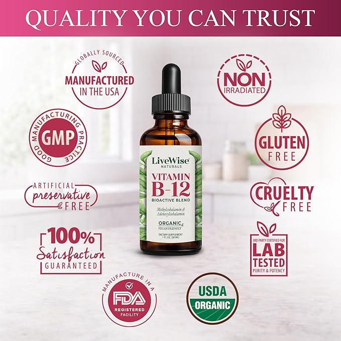 Organic Vitamin B12 1000 mcg Sublingual Liquid Drops For Adults, 6 Months Supply 1 oz, Methylcobalamin & Adenosylcobalamin - Bioactive Blend for Energy, Clarity & Focus - Vegan, Non-GMO, Unflavored