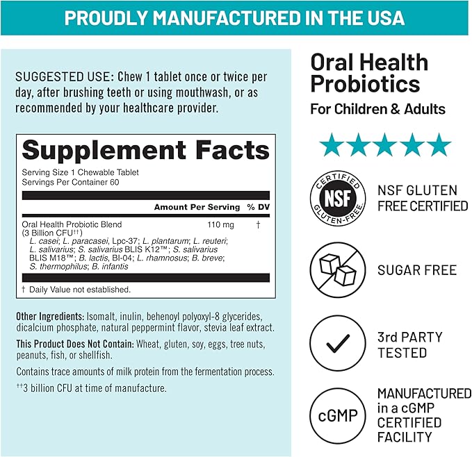 NatureWise Oral Probiotics for Mouth Bad Breath-Chewable Sugar-Free Mint-Lactobacillus reuteri Chewable-Oral Probiotics for Kids&Adults-Non-GMO USA Manufactured-[60-Day Supply],60 Count (Pack of 2)
