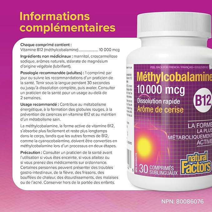 Natural Factors Methylcobalamin 10,000 mcg - Vitamin B12 Supplement in Metabolically Active Form - Supplement Supports Cell Formation & Energy Production - 30 Chewable Tablets (30 Servings)