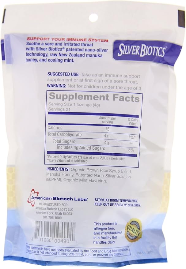 American Biotech Labs Silver Biotics Silver Lozenges w/60ppm SilverSol and Manuka Honey, Mighty Manuka Mint (21 Count) (2 Pack)