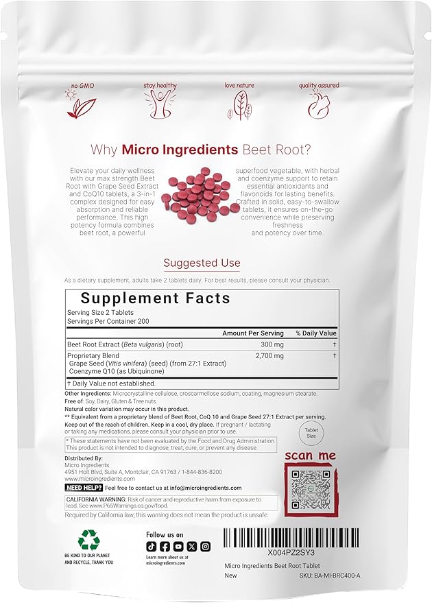 Micro Ingredients Beet Root 3,000mg with Grape Seed Extract & CoQ10, 400 Tablets | 200 Servings | Super Beets Supplements from Fresh Beetroot Extract
