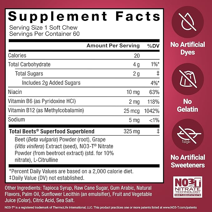 Force Factor Total Beets Soft Chews with Beetroot, Nitrates, L-Citrulline, Grapeseed Extract, & Antioxidants, Healthy Energy Supplement with Elite Ingredients for Heart, Superfood, 120 Count, 2-Pack