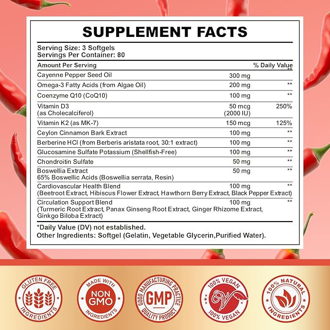 Cayenne Pepper Softgels Supplement, Cayenne Pepper Capsules with VitaminD3+K2,Berberine, Q10, Omega-3, Turmeric, Hawthorn, Beetroot, Supports Leg Vein, Digestive & Heart Vessel Health, 240 Softgels