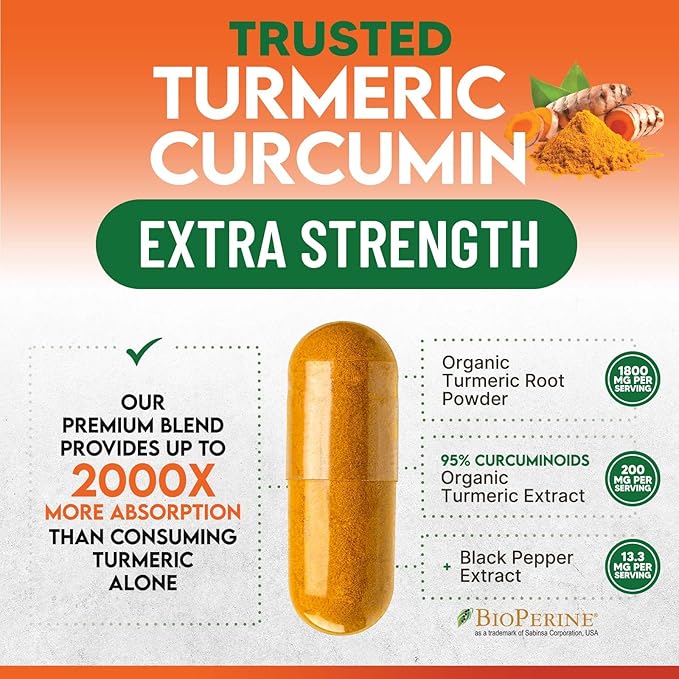 Turmeric Curcumin Supplement - 1800mg Organic Turmeric Per Serving - 95% Curcuminoids & BioPerine Black Pepper Extract for Best Absorption - Natural Vegan Joint Support, Bottled in USA - 360 Capsules