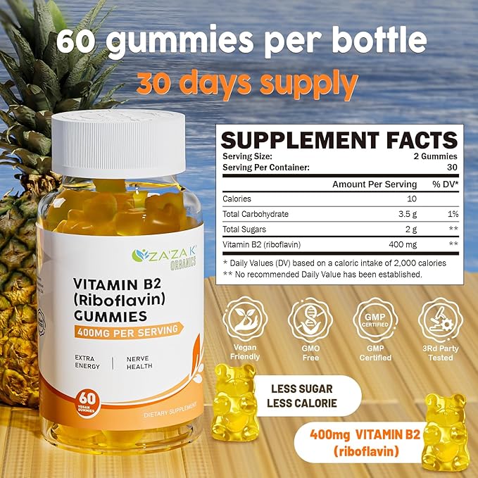 ZA'ZA K ORGANICS Vitamin B2 Gummies - Riboflavin 400 mg for Kids & Adults, Vegan Essential Vitamin B2 Supplements, Energy Support & Nerve Health, 60 Gummies