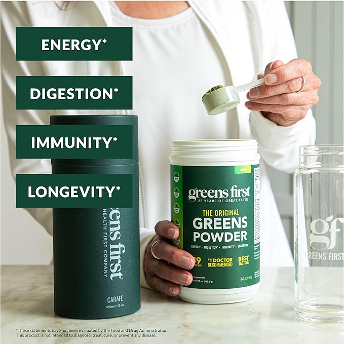 Greens First Gift Set - Limited Edition Glass Carafe & Organic Greens Powder - 49 Superfoods - Prebiotics, Probiotics & Digestive Enzymes - Dairy Free, Vegan & Non-GMO - Mint - 30 Servings