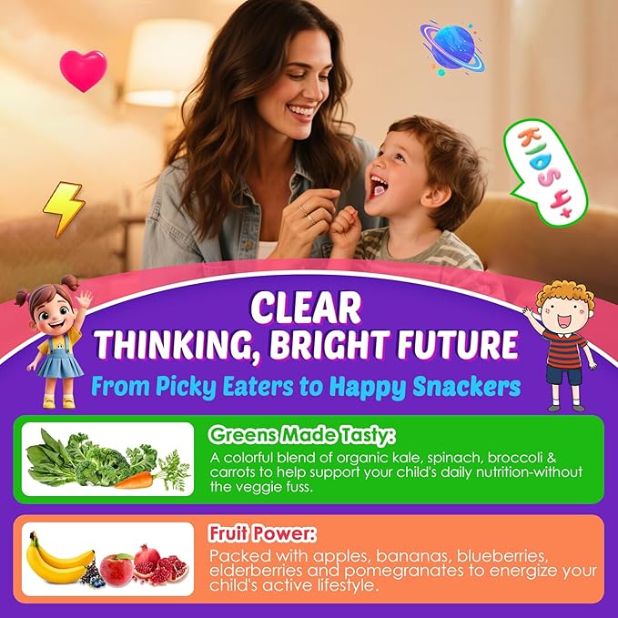 Kid Focus Gummies, Lion's Mane Mushroom Gummies for Kid Brain - Methyl B6, B9, B12 + Super Greens - Focus and Attention Supplements, Cognitive Function & Energy & Vision Support - 60 Vegan Gummies