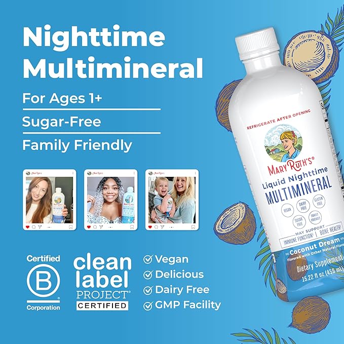 MaryRuth's Liquid Nighttime Multimineral | No Melatonin | Bedtime Routine | Magnesium Citrate | Calcium | Zinc | Vitamin D3| Available in 4 Flavor - Vegan | Sugar Free | Gluten Free | 15.22 Oz