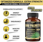 11in1 Saw Palmetto Capsules with Ashwagandha, Turmeric, Tribulus, Maca, Green Tea, Ginger, Holy Basil & More - Healthy Prostate & Hair Support - 180 Count 6-Month Supply