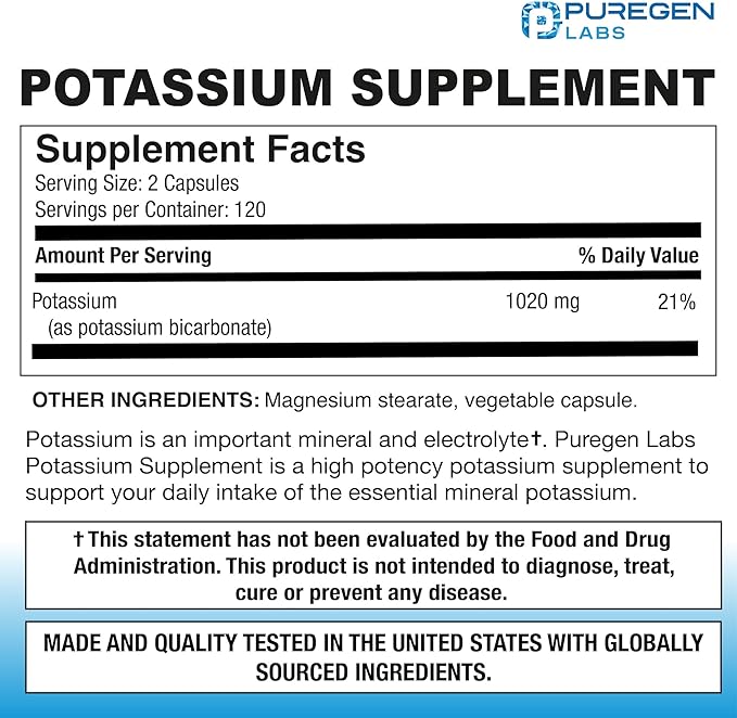 Puregen Labs Potassium Bicarbonate Supplement 1020 mg | Non-GMO | Gluten Free | 240 Vegetarian Capsules