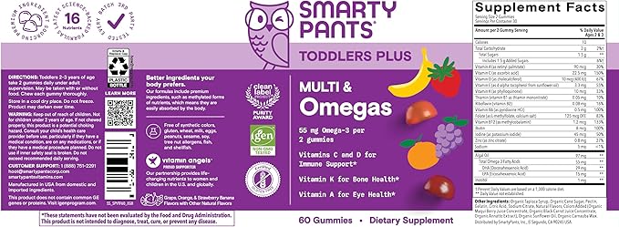 SmartyPants Toddler Multivitamin Gummies, Omega 3 (DHA/EPA), Vitamins D3, C, Vitamin B12, B6, A, K & Zinc, Biotin, Gluten Free, Three Fruit Flavors, 60 Count (30 Day Supply)
