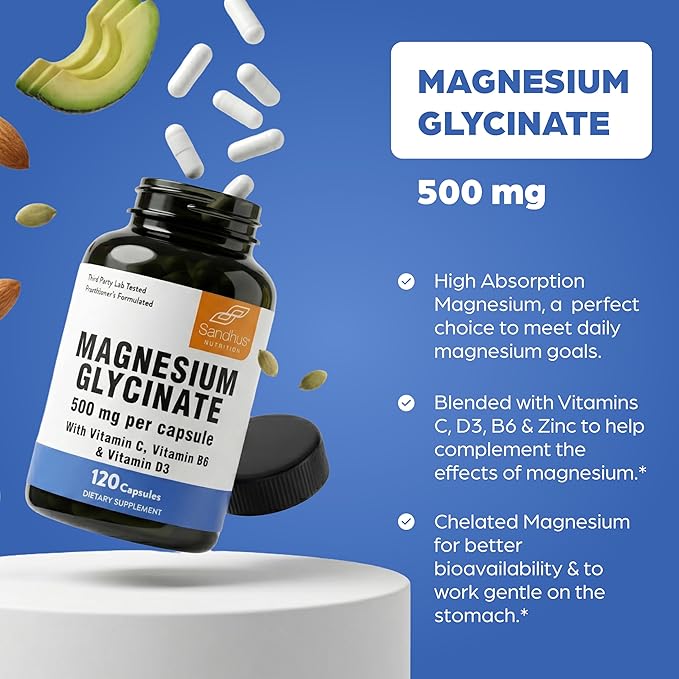 Magnesium Glycinate 500mg High Absorption Capsules with Vitamin C D3 B6 Zinc | Quality Sleep, Relaxation & Muscle Health Supplement for Women and Men | Chelated Magnesium 120 Count | Easy to Swallow