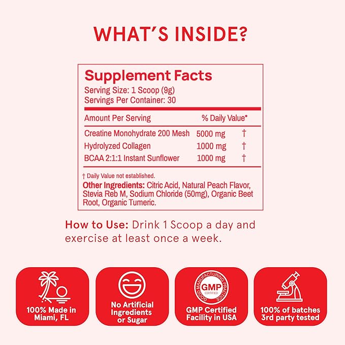Peach Perfect Creatine for Women – Micronized Creatine Monohydrate Powder with BCAA & Collagen for Glute Strength Support, Boosts Energy, Focus, Strength, and Endurance – Peach, 30 Servings