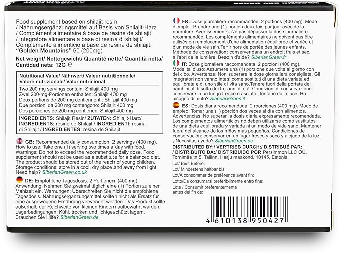 Siberian Green Premium Pure Shilajit Dry Drops Altai Golden Mountains - 60 Count (200 mg) Authentic Safety & Quality Certificate - US Lab Tested Fulvic Acid