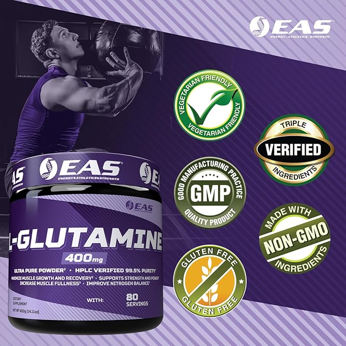 EAS L-Glutamine Powder | 99.5% Purity AjiPure Glutamine | Maximize Muscle Growth & Recovery | Improve Nitrogen Balance | 400mg, 80 Servings (Unflavored)