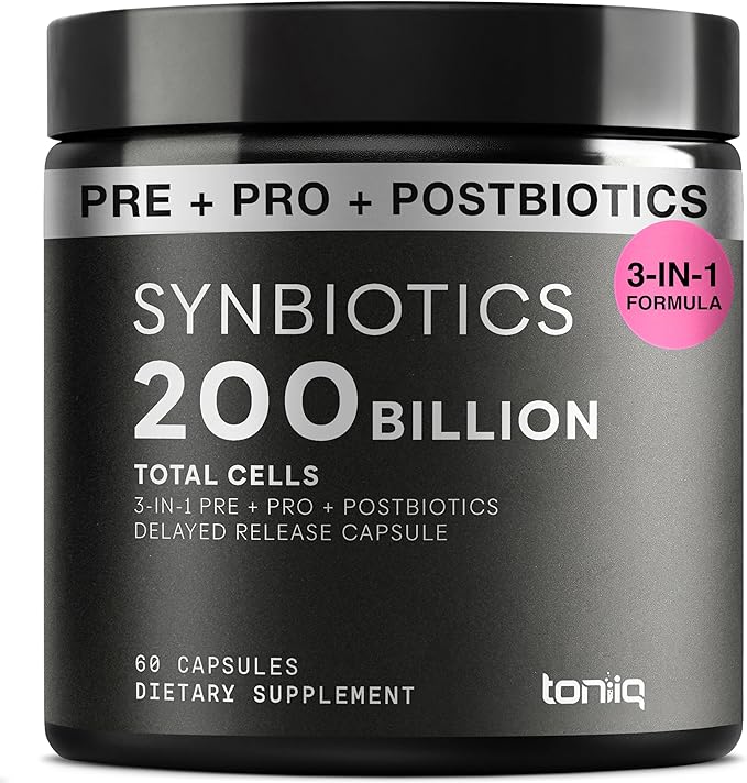 Toniiq Prebiotics and Probiotics – 200B TFU with Postbiotics IMMUSE® & ButyraGen® – 30 Strains – Shelf-Stable Synbiotic Formula – Third-Party Tested – 60 Capsules