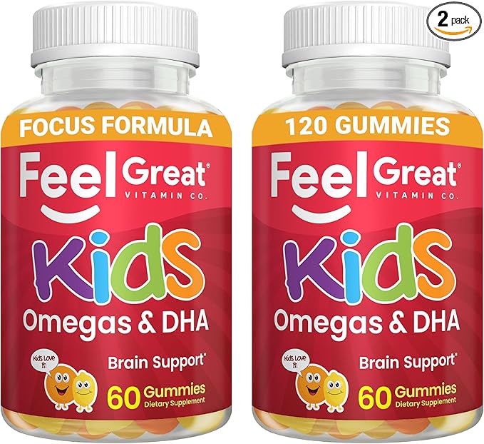 Feel Great Vitamins Kids DHA Gummies with Omega 3 6 9, Vitamin C (2-Pack) | Supports Healthy Brain Function, Vision & Heart Health | Gluten Free, Vegetarian | 60 Gummies