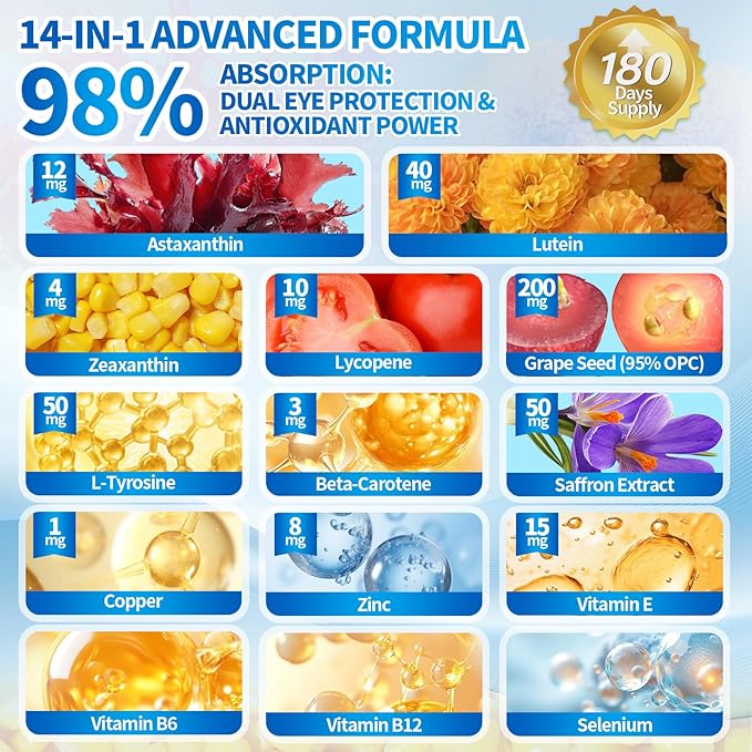 14-in-1 Astaxanthin 12mg & Lutein 40mg with Zeaxanthin Supplements, 18 Month Supply, Fresh Microalgae Source, Supports Eye, Skin, Antioxidant, Joint, Circulatory Health, Non-GMO, Gluten Free, 3 Bag