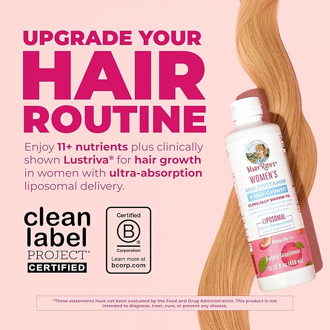 MARYRUTH'S Women's Multivitamin + Lustriva Hair Growth Liposomal | Biotin 10000mcg | Clinically Tested for Thicker, Fuller Hair, Improved Facial Fine Lines & Wrinkles | Ages 18+ | 15.22 Fl Oz