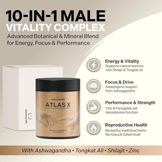 Essencraft Atlas X Testosterone Supplement for Men – 10-in-1 Natural Testosterone Booster & Muscle Booster w/Shilajit, Zinc, Tongkat Ali, & More (120 Capsules)
