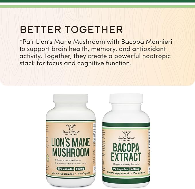 Organic Lions Mane Mushroom Capsules (300 Count), for Focus Support and Immune Health, Third Party Tested and Grown in The USA - by Double Wood