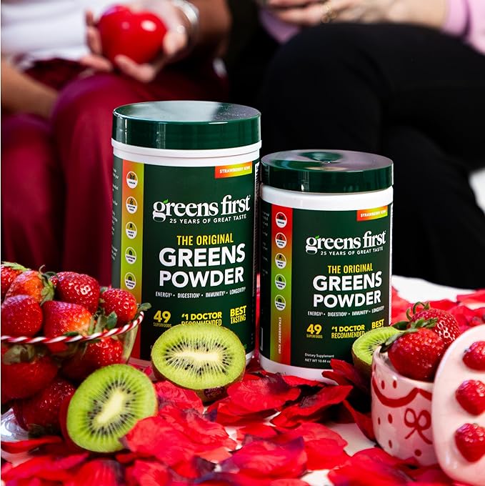 Greens First Original Greens Powder - 49 Superfoods - Organic Fruits & Veggies - Prebiotics, Probiotics & Digestive Enzymes - Antioxidant - Dairy Free/Vegan/Non-GMO (Strawberry Kiwi, 60 Servings)