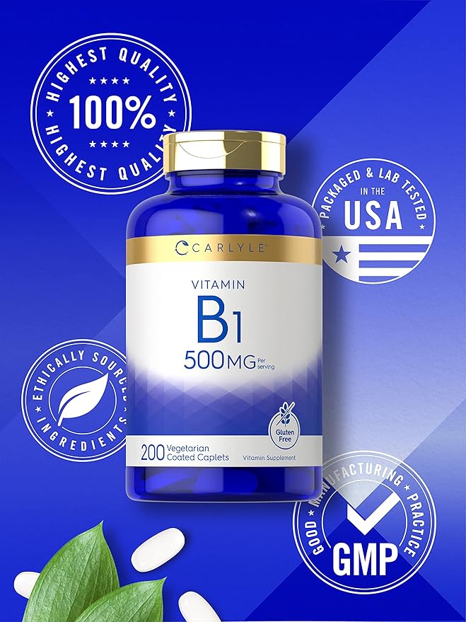 Carlyle Vitamin B1 500mg (Thiamine) | 200 Vegetarian Caplets | Non-GMO and Gluten Free Supplement