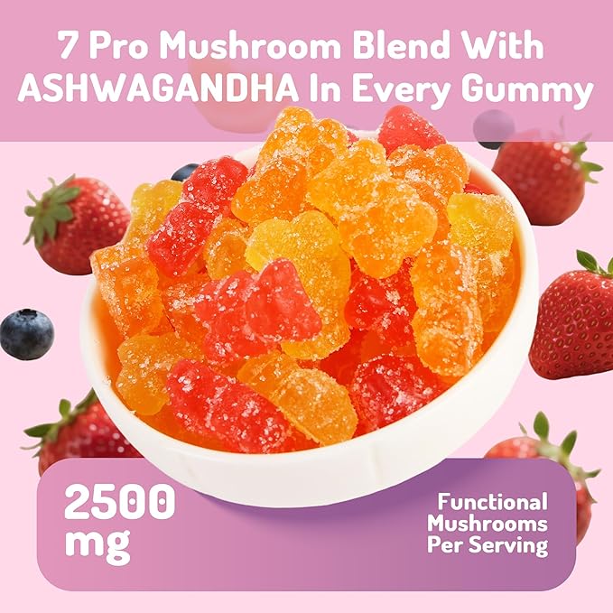 1000mg Ashwagandha & Mushroom Gummies, with 8-Mushroom Blend (Reishi, Lion's Mane, Cordyceps). Supports Focus, Energy and Cognitive Boost,for Adults, 160 Count.
