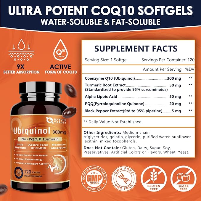 NATURE TARGET Ubiquinol CoQ10 300mg softgels with PQQ & Turmeric, High Absorption Coenzyme Q10 Supplement with ALA & Black Pepper, Antioxidant for Heart & Brain Health, Energy Production, 120 Count