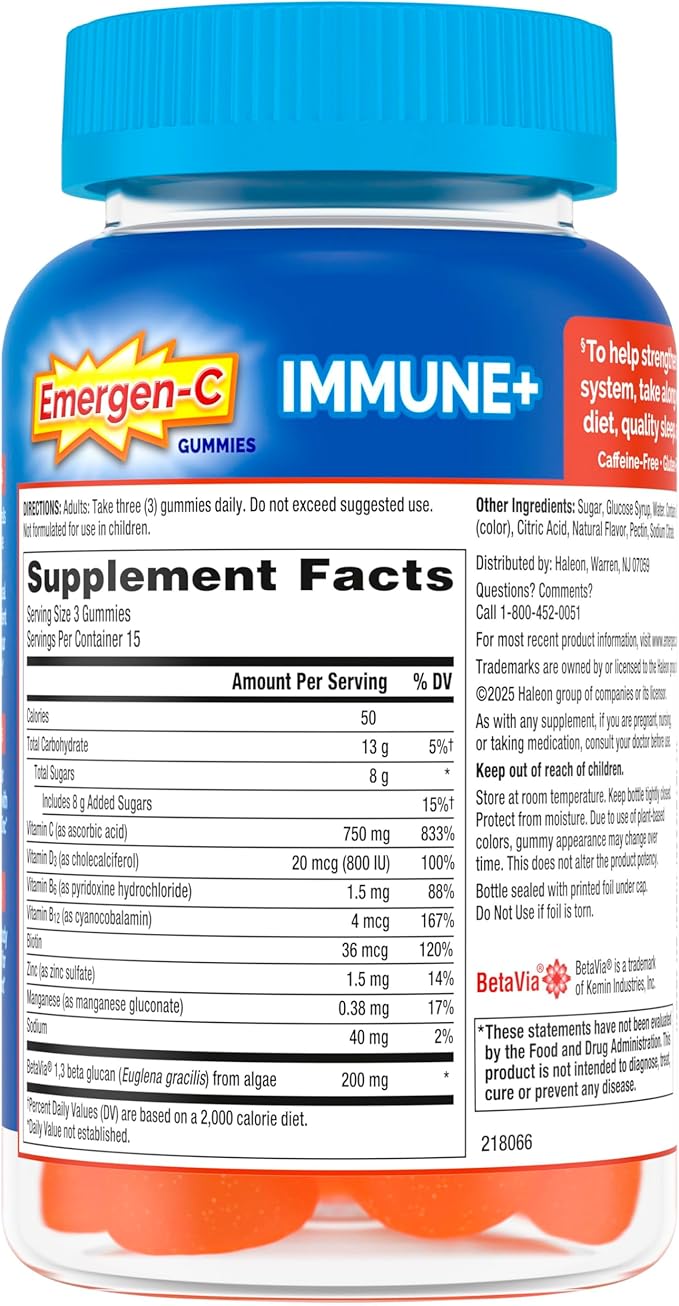 Emergen-C Immune+ Triple Action Immune Support Gummies, BetaVia (R), 1000mg Vitamin C, B Vitamins, Vitamin D and Antioxidants, Super Orange, Back to School Essentials - 45 Count
