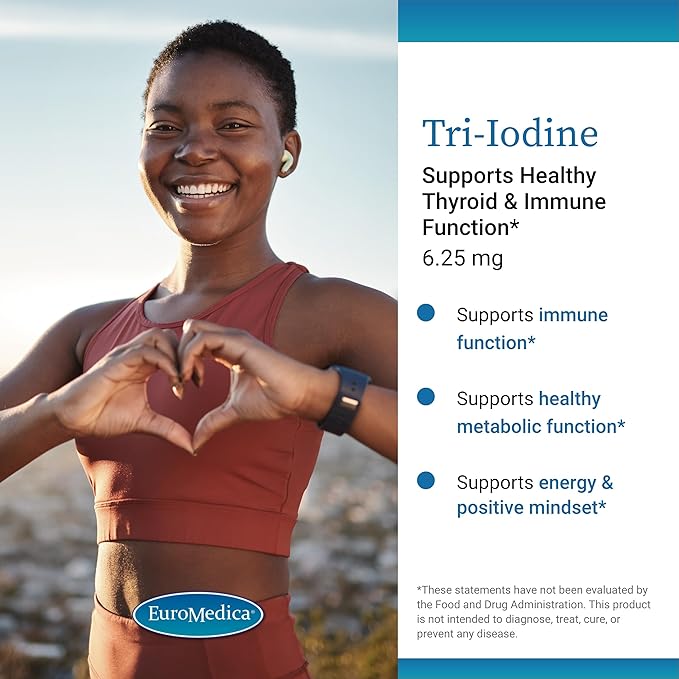 EuroMedica Tri-Iodine - Support Thyroid Health - Aids Hormone Balance with Molecular Iodine from Kelp - Features Potassium Iodide & Sodium Iodide - Brain & Energy Support - 6.25mg, 90 Capsules