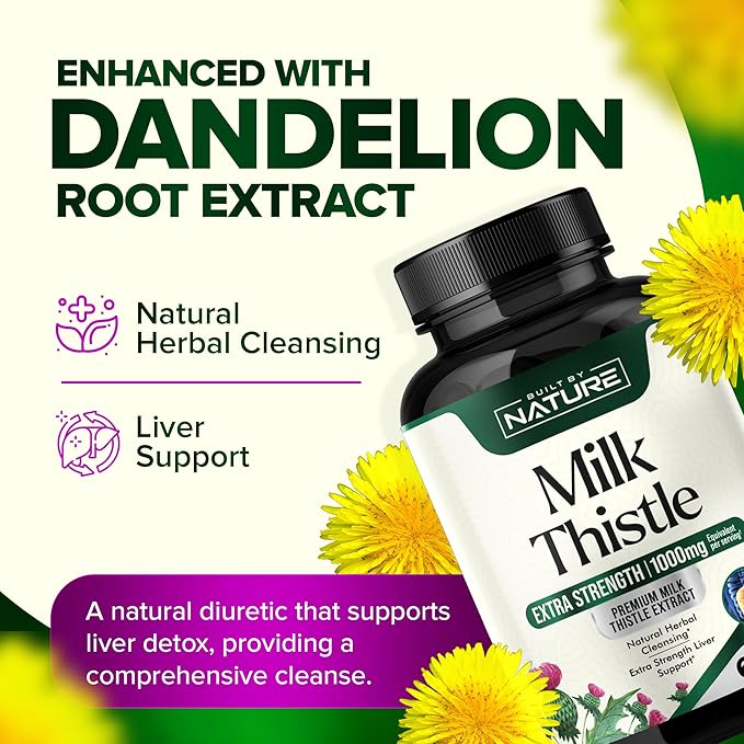 Built by Nature Milk Thistle Liver Detox Supplement with Silymarin Extract & Dandelion Root – Gentle Herbal Liver Cleanse for Men & Women - Liver Health Support - Non-GMO - 60 Veggie Capsules