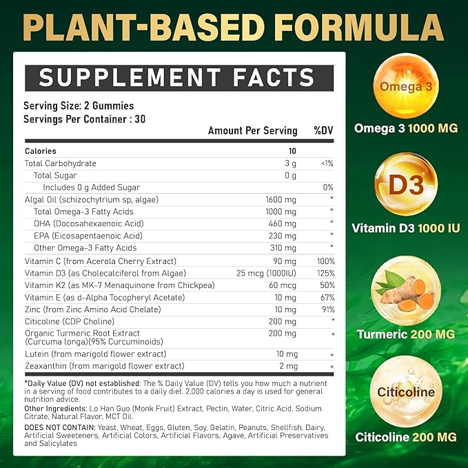 Omega-3 Supplement Gummies for Women & Men - 1000mg Vegan Omega3 DHA & EPA with Turmeric, Vitamin D3, K2, Citicoline for Overall Health - Algae Oil Omega 3 Fatty Acid Supplements, Sugar-Free