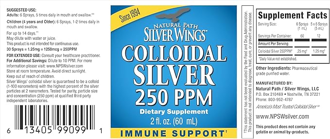 Natural Path Silver Wings Colloidal Silver Liquid - Enhanced Immune Support Supplement - 250ppm (1250mcg) - 2oz Spray